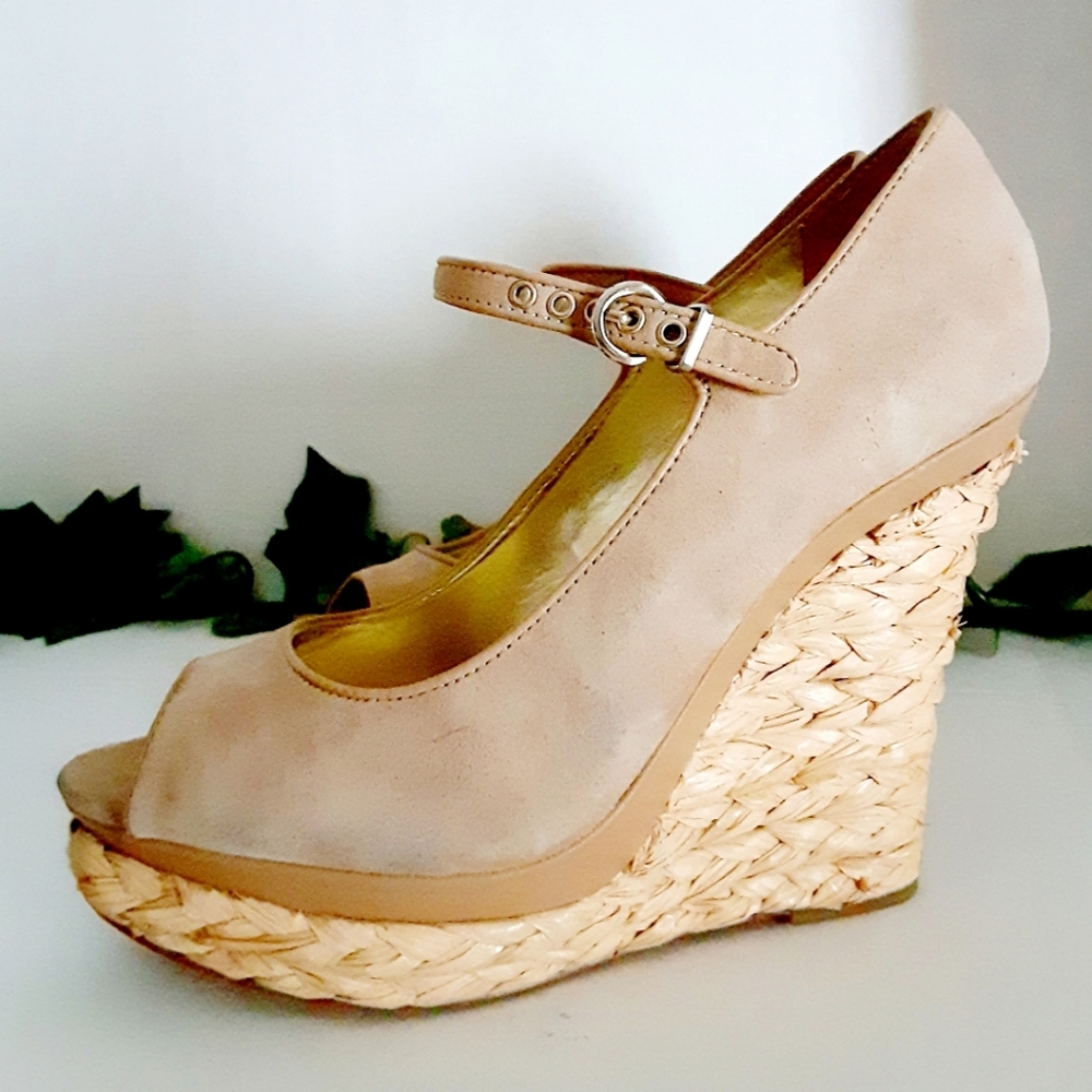 Charles David Peep-Toe Straw Platform Wedges